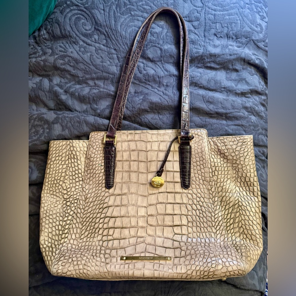 Brahmin Beige Crocodile-Embossed Tote
